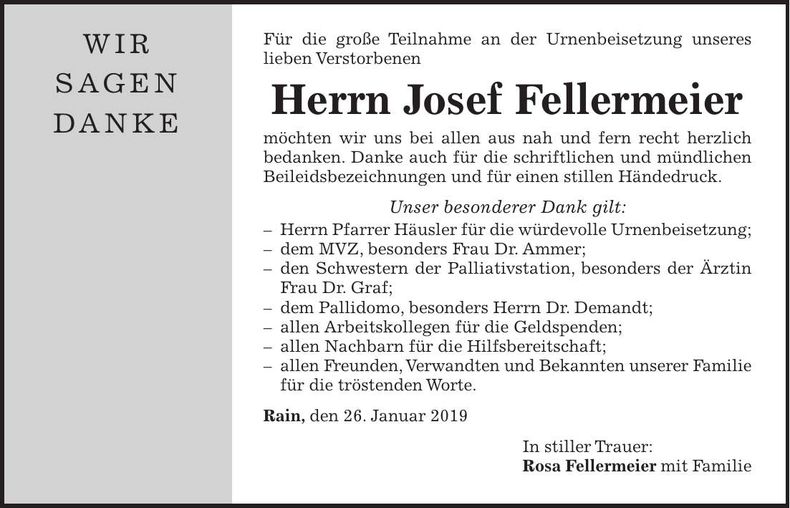 Traueranzeige Josef Fellermeier