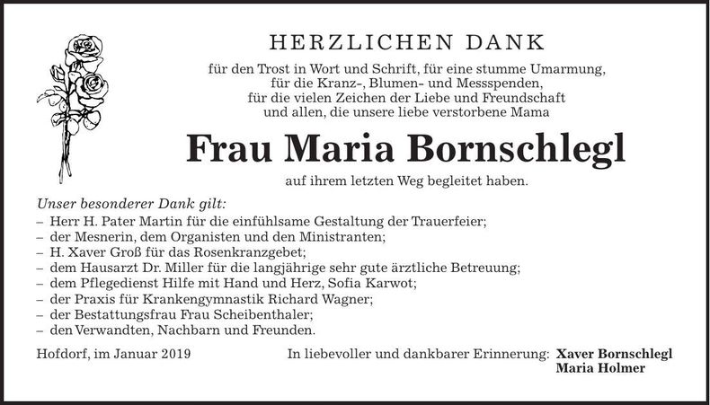 Traueranzeige Maria Bornschlegl