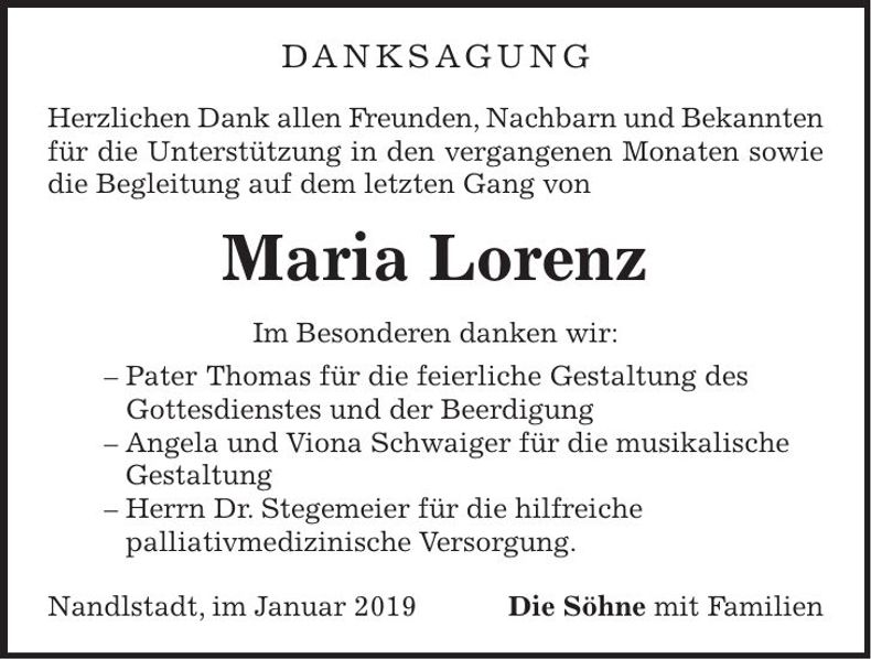 Traueranzeige Maria Lorenz