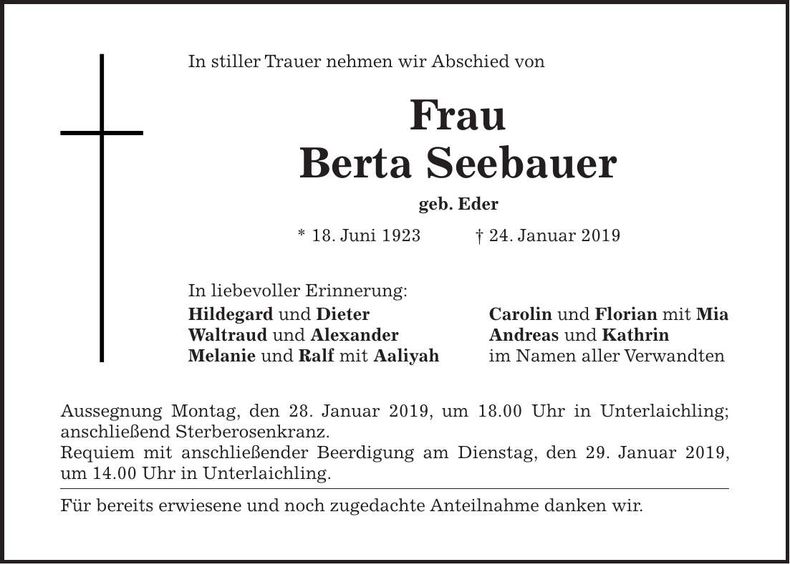 Traueranzeige Berta Seebauer