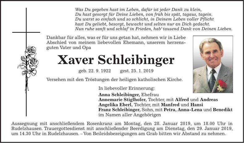 Traueranzeige Xaver Schleibinger