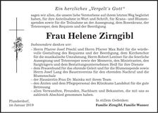 Traueranzeige Helene Zirngibl