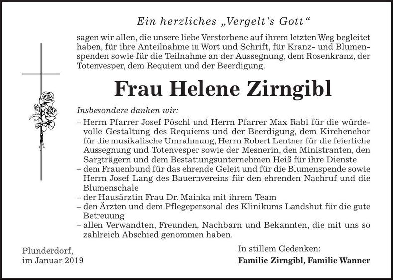 Traueranzeige Helene Zirngibl