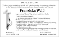 Traueranzeige Franziska Weiß