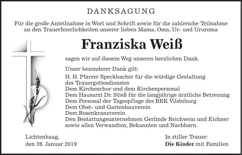 Traueranzeige Franziska Weiß