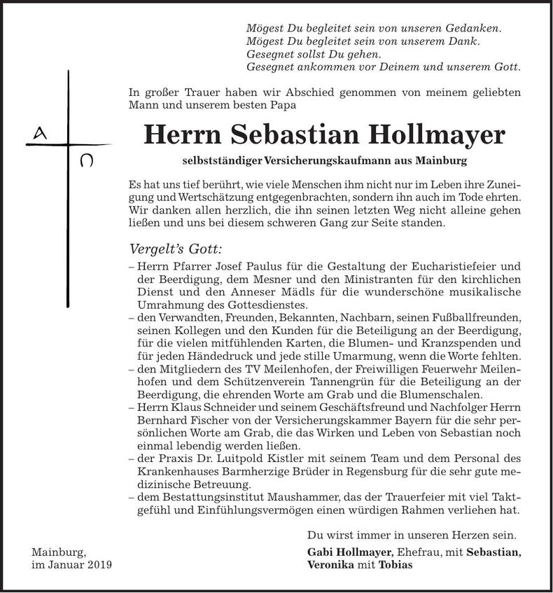 Traueranzeige Sebastian Hollmayer