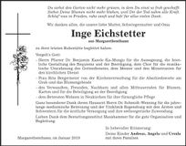 Traueranzeige Inge Eichstetter