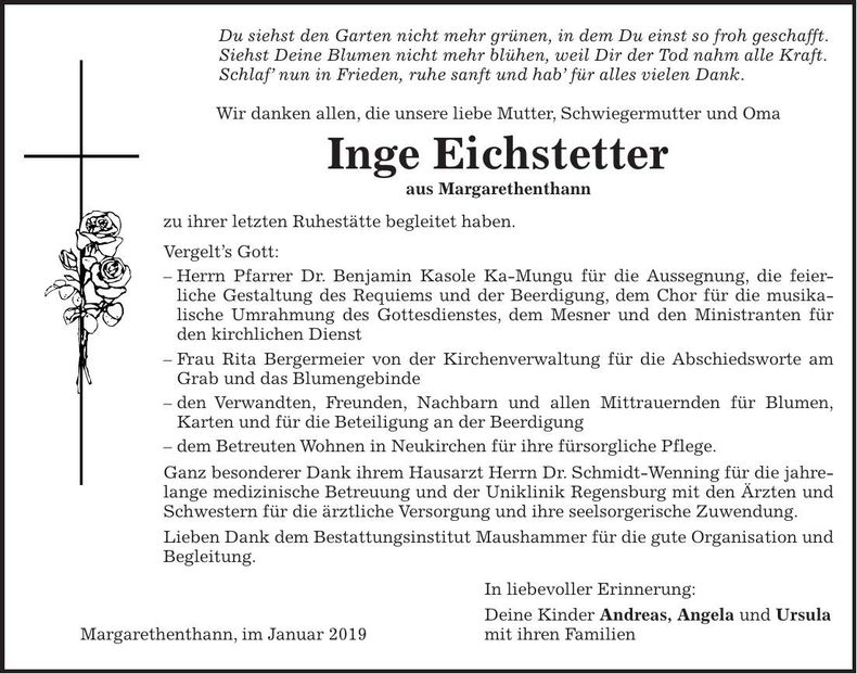 Traueranzeige Inge Eichstetter