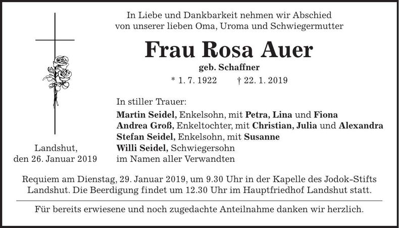 Traueranzeige Rosa Auer