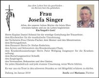 Traueranzeige Josefa Singer
