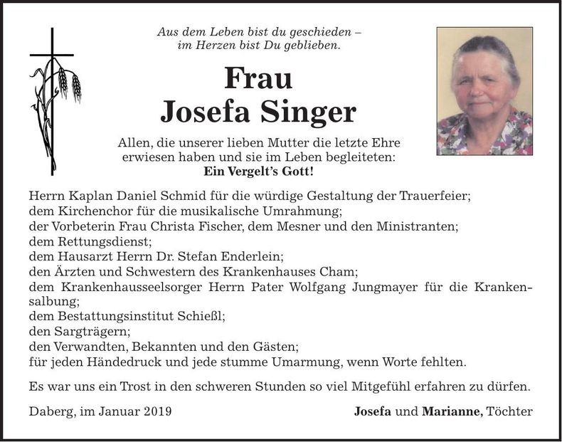 Traueranzeige Josefa Singer