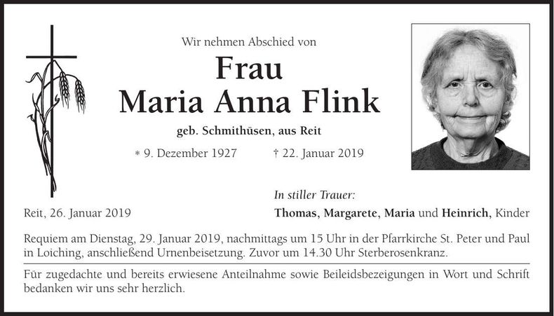 Traueranzeige Maria Anna Flink
