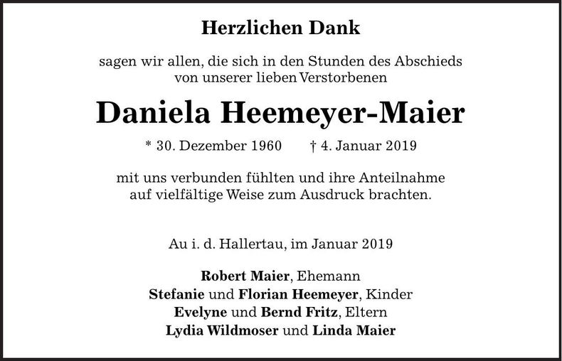 Traueranzeige Daniela Heemeyer-Maier