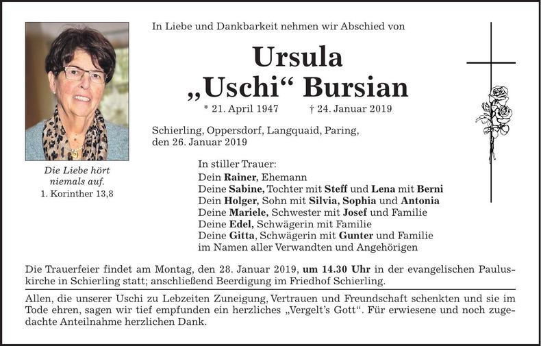 Traueranzeige Ursula Bursian