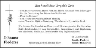 Traueranzeige Johanna Fiederer