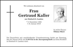 Traueranzeige Gertraud Kaller