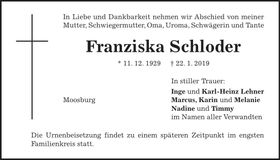 Traueranzeige Franziska Schloder