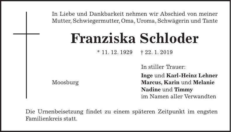 Traueranzeige Franziska Schloder