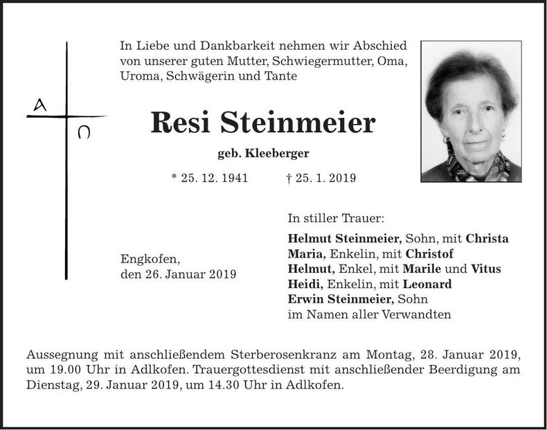 Traueranzeige Resi Steinmeier