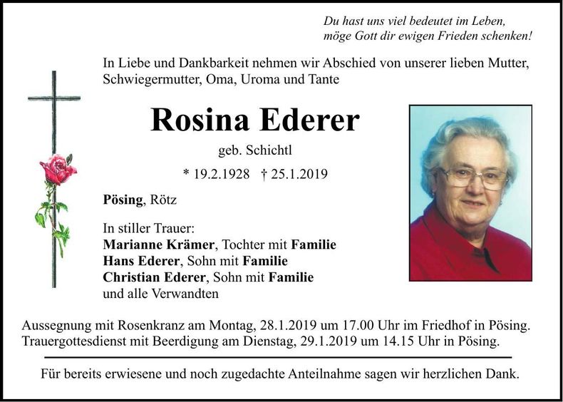 Traueranzeige Rosina Ederer