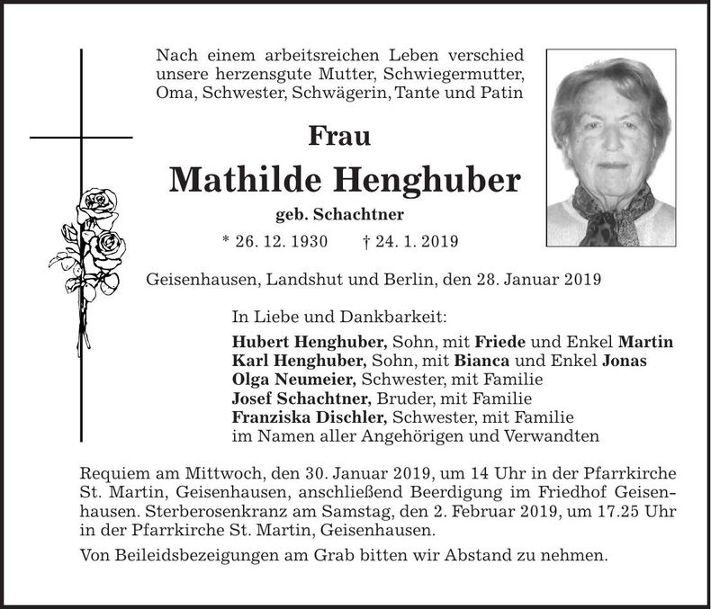 Traueranzeige Mathilde Henghuber