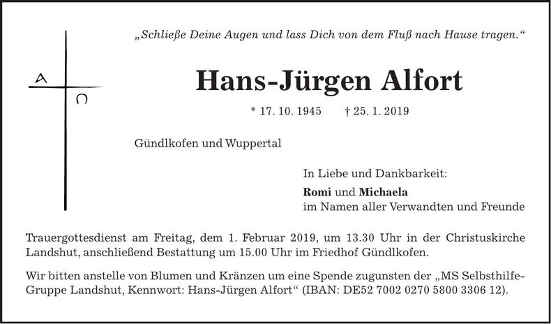 Traueranzeige Hans-Jürgen Alfort