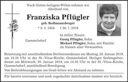 Traueranzeige Franziska Pflügler