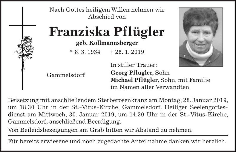 Traueranzeige Franziska Pflügler