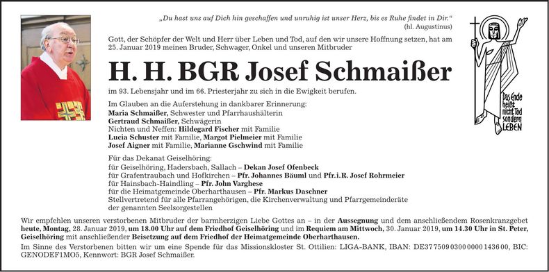 Traueranzeige Josef H.H. BGR Schmaißer