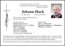 Traueranzeige Johann Hack