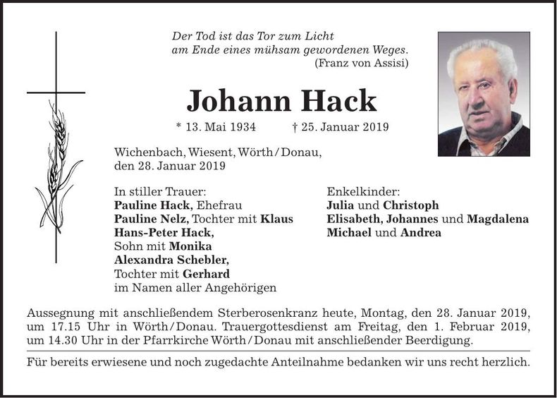 Traueranzeige Johann Hack