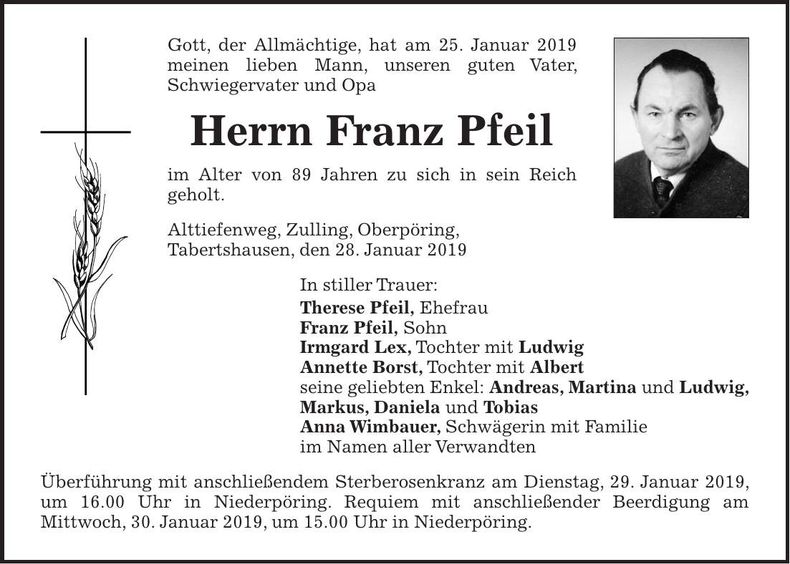 Traueranzeige Franz Pfeil