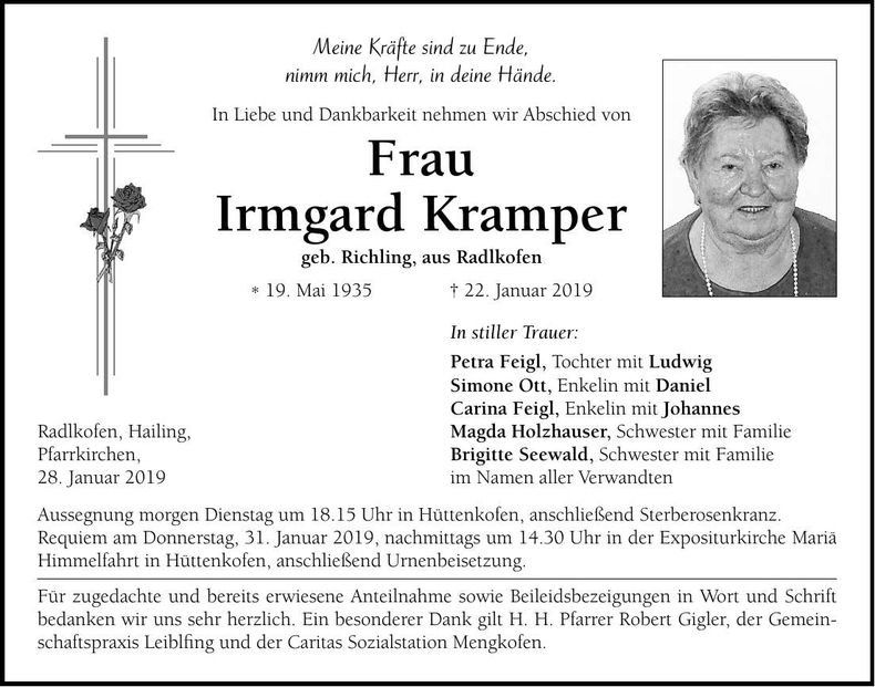 Traueranzeige Irmgard Kramper
