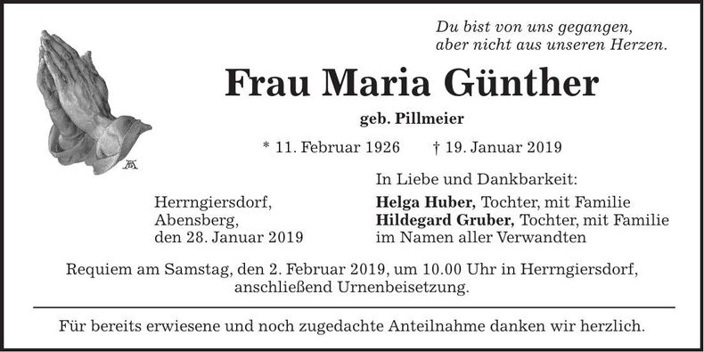 Traueranzeige Maria Günther
