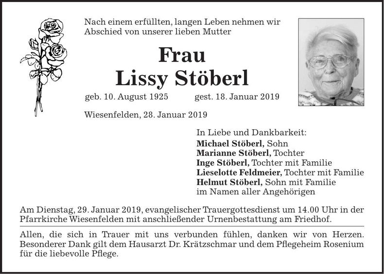 Traueranzeige Lissy Stöberl