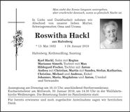 Traueranzeige Roswitha Hackl