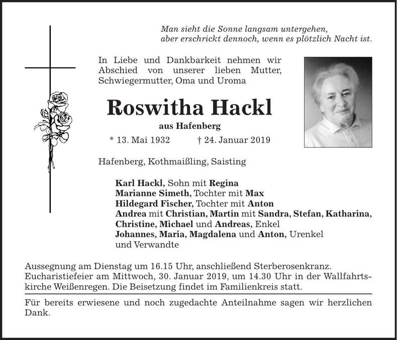 Traueranzeige Roswitha Hackl