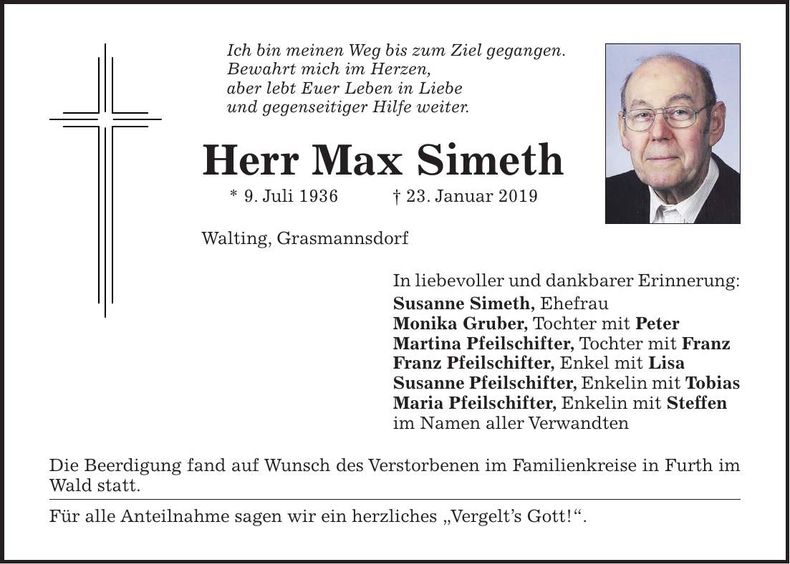 Traueranzeige Max Simeth