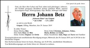 Traueranzeige Johann Betz