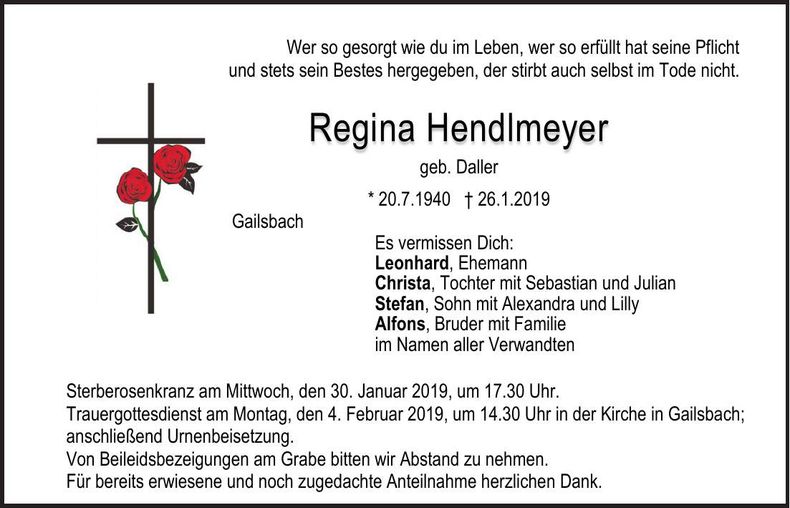 Traueranzeige Regina Hendlmeyer