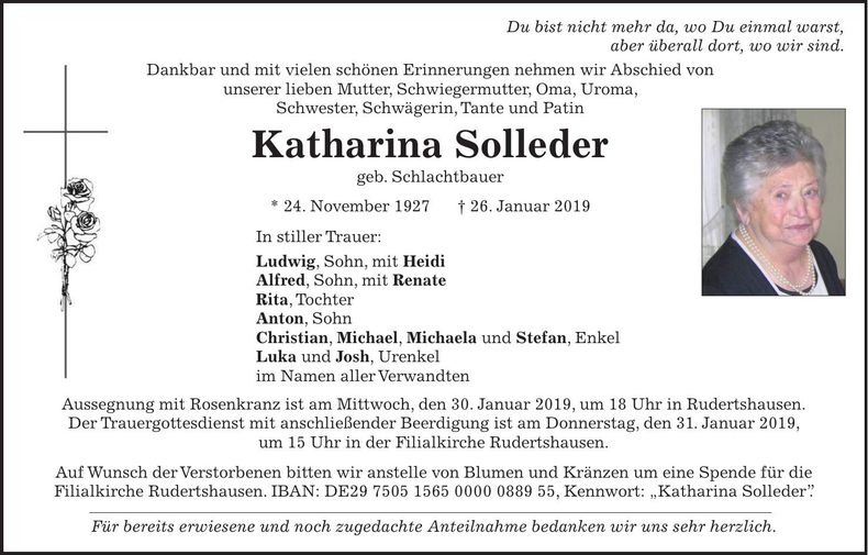 Traueranzeige Katharina Solleder