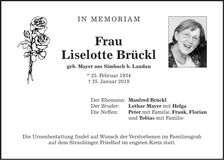 Traueranzeige Liselotte Brückl