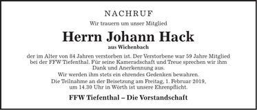 Traueranzeige Johann Hack
