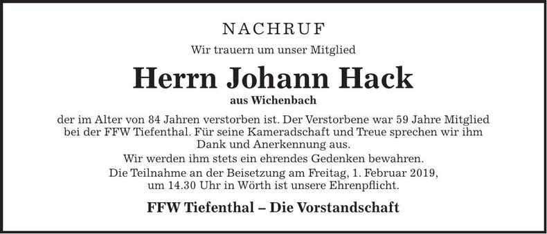 Traueranzeige Johann Hack