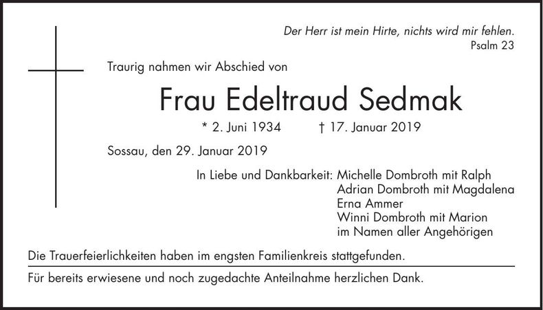 Traueranzeige Edeltraud Sedmak