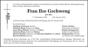 Traueranzeige Ilse Gschweng