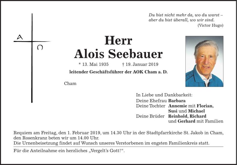 Traueranzeige Alois Seebauer