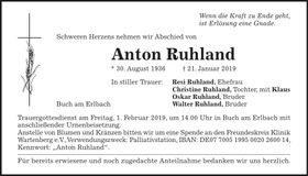 Traueranzeige Anton Ruhland