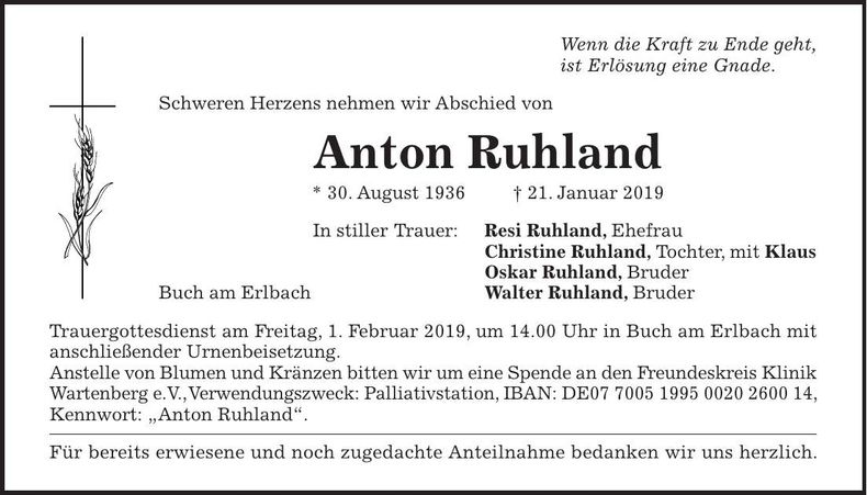 Traueranzeige Anton Ruhland