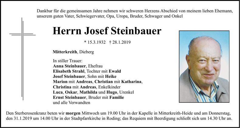Traueranzeige Josef Steinbacuer